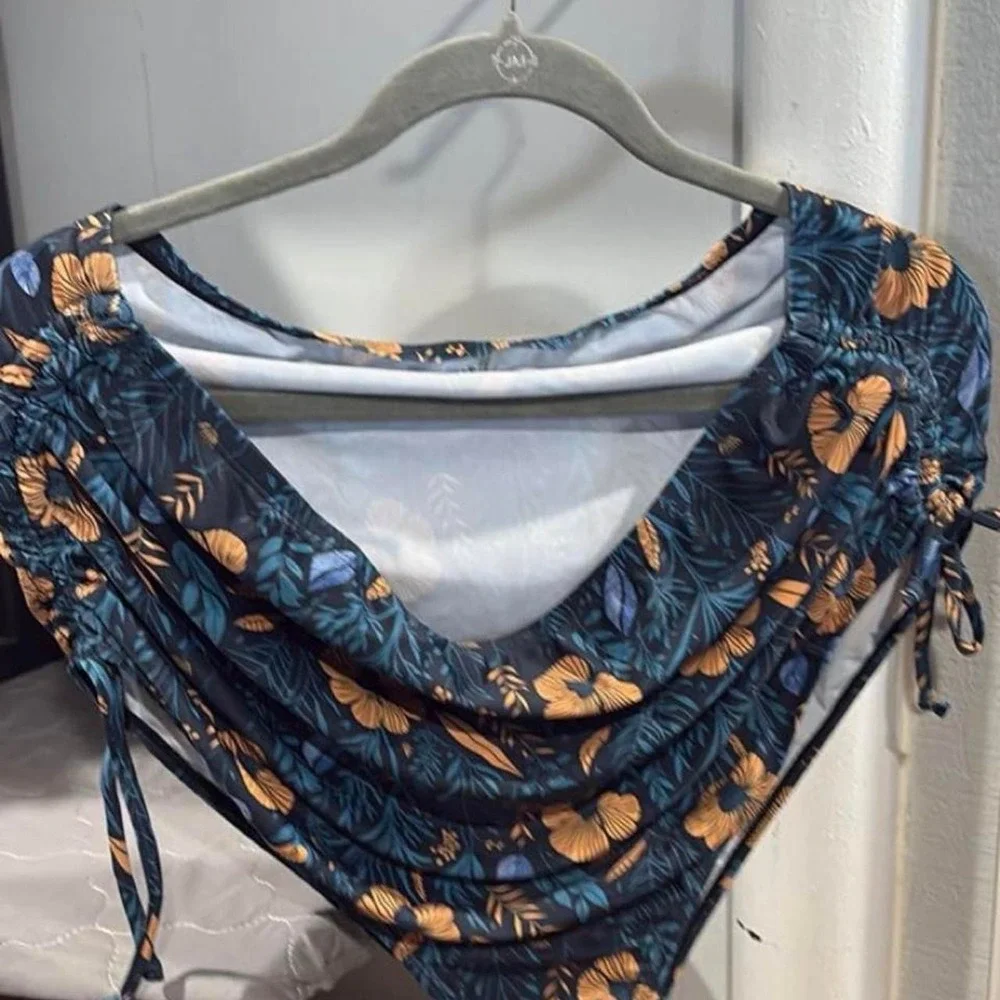 Blue and orange floral print bikini top with ruched detail